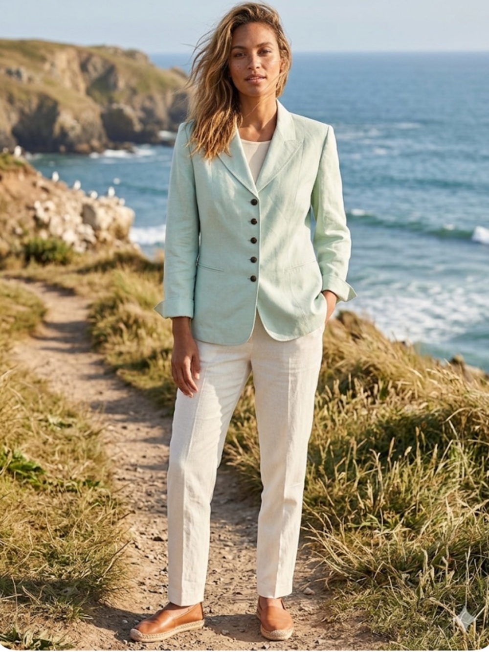 Le Suit Seafoam Green Linen Blend Blazer Jacket Size 16 Coastal Grandmother